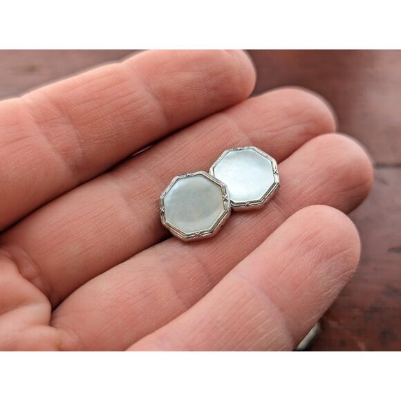 Vintage Art Deco Sterling silver and mother of pearl cufflinks and shirt studs, - Picture 3 of 8
